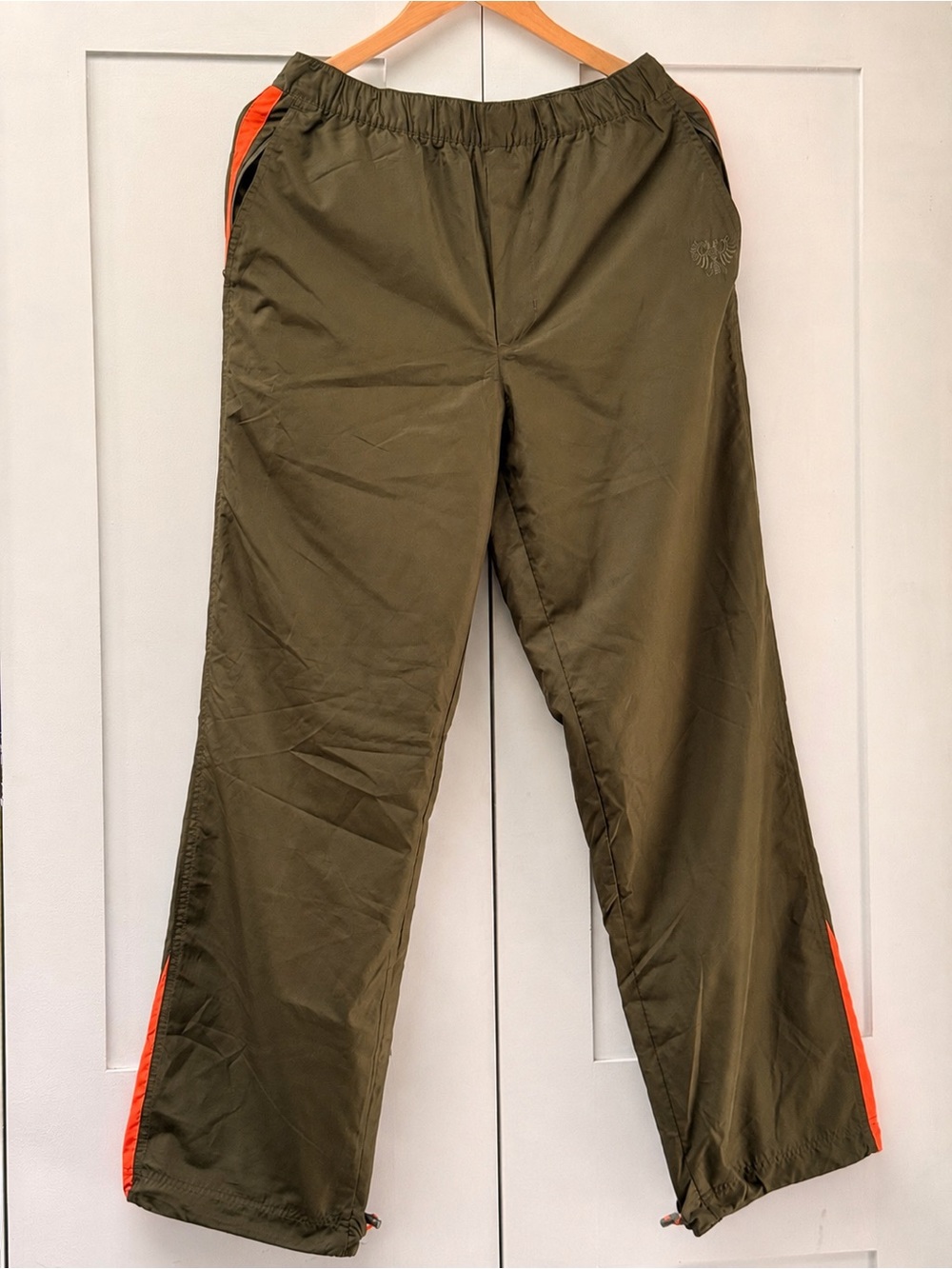 Old Navy Y2K Mesh Lined Track Wind Pants Olive Orange Zip Cinch Hem Men’s S